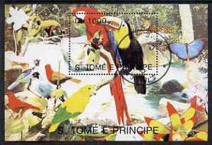 St Thomas & Prince Islands 1993 Fauna 1000Db m/sheet (Parrots etc) very fine cto used, stamps on , stamps on  stamps on birds     parrots