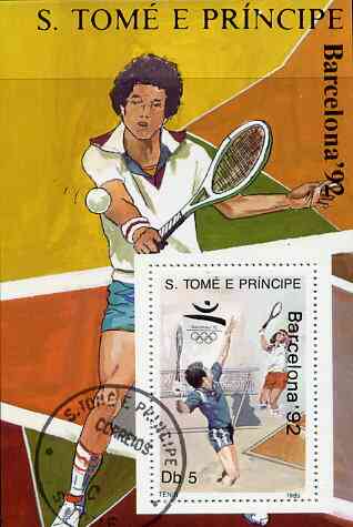 St Thomas & Prince Islands 1989 Barcelona 92 5Db m/sheet (Tennis) very fine cto used Mi BL 199, stamps on olympics     tennis