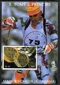 St Thomas & Prince Islands 1992 Albertville Winter Olympics 92 Skiing 50Db m/sheet #1 (Mark Kirchner) very fine cto used , stamps on olympics     skiing