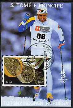 St Thomas & Prince Islands 1992 Albertville Winter Olympics 92 Skiing 50Db m/sheet #2 (Torgny Mogren) very fine cto used , stamps on olympics     skiing