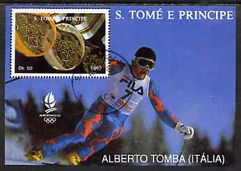 St Thomas & Prince Islands 1992 Albertville Winter Olympics 92 Skiing 50Db m/sheet #3 (Alberto Tomba) very fine cto used , stamps on olympics     skiing