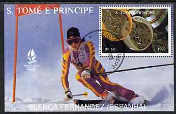 St Thomas & Prince Islands 1992 Albertville Winter Olympics '92 Skiing 50Db m/sheet #4 (Blanca Fernandez) very fine cto used , stamps on , stamps on  stamps on olympics     skiing