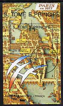 St Thomas & Prince Islands 1991 French Exposition 500Db m/sheet (Early Map) very fine cto used, Mi BL 265, stamps on , stamps on  stamps on maps