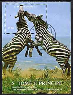 St Thomas & Prince Islands 1992 Nature Protection Congress 800Db m/sheet (Zebras) very fine cto used, stamps on animals, stamps on zebras, stamps on zebra