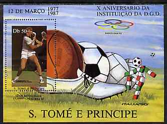 St Thomas & Prince Islands 1988 10th Anniversary of DGD 50Db m/sheet (Tennis) very fine cto used, stamps on , stamps on  stamps on sport    tennis