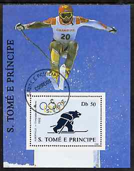 St Thomas & Prince Islands 1992 Albertville Winter Olympics 92 Skiing 50Db m/sheet #5 (Bear on Skis) very fine cto used , stamps on olympics     skiing    bears