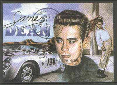 St Thomas & Prince Islands 1988? James Dean 50Db m/sheet (Dean with Racing Car) very fine cto used, stamps on , stamps on  stamps on entertainments     films     cars    racing cars