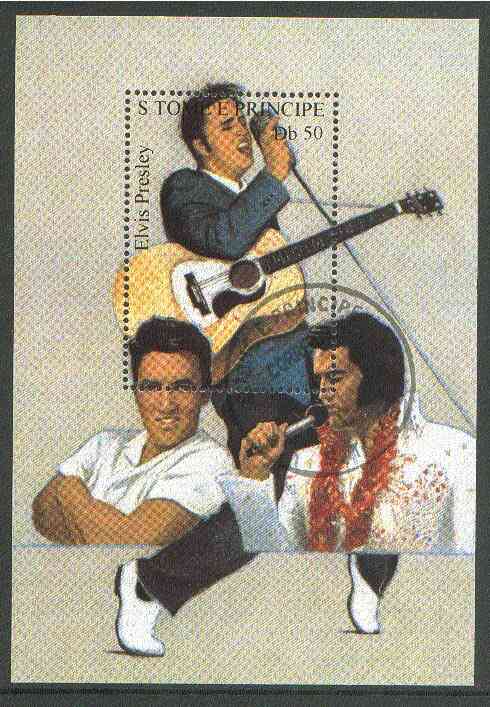 St Thomas & Prince Islands 1995 Elvis Presley 50Db m/sheet (3 different poses) very fine cto used, stamps on entertainments, stamps on guitar, stamps on films, stamps on elvis, stamps on music