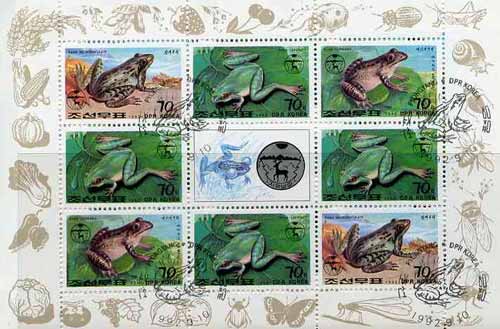 North Korea 1992 Frogs & Toads sheetlet containing 8 x 70ch values plus label very fine cto used, see after SG N3199, stamps on , stamps on  stamps on frogs, stamps on  stamps on toads, stamps on  stamps on amphibians, stamps on  stamps on insects, stamps on  stamps on fruit