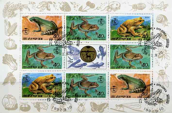 North Korea 1992 Frogs & Toads sheetlet containing 8 x 40ch values plus label very fine cto used, see after SG N3199, stamps on , stamps on  stamps on frogs, stamps on  stamps on toads, stamps on  stamps on amphibians, stamps on  stamps on insects