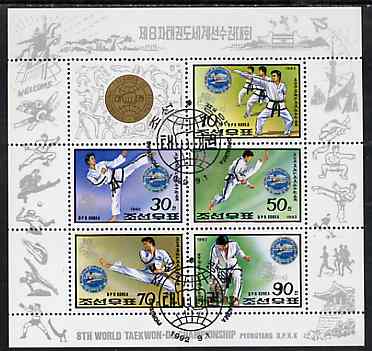 North Korea 1992 World Taekwondo Championships sheetlet containing set of 5 plus label very fine cto used, see after SG N3193, stamps on , stamps on  stamps on martial-arts, stamps on  stamps on taekwondo