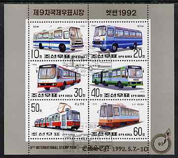 North Korea 1992 Transport sheetlet containing complete set of 6 with Essen Stamp Fair imprint, very fine cto used, see after SG N3128, stamps on transport, stamps on buses, stamps on railways, stamps on trams, stamps on stamp exhibitions, stamps on 
