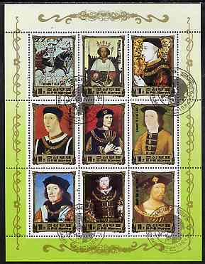 North Korea 1984 European Monarchs sheetlet #3 containing 9 values (William I, Richard II, III, Henry V, VI, VII, VIII & Edward IV) very fine cto used, stamps on royalty