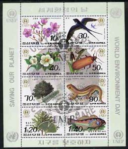 North Korea 1992 World Environment Day sheetlet containing complete set of 8 values very fine cto used, see after SG N3207, stamps on , stamps on  stamps on environment, stamps on  stamps on birds, stamps on  stamps on swallow, stamps on  stamps on flowers, stamps on  stamps on beetles, stamps on  stamps on insects, stamps on  stamps on trees, stamps on  stamps on fish, stamps on  stamps on scots, stamps on  stamps on scotland