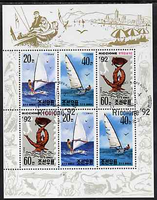 North Korea 1992 Riccione 92 Stamp Fair (Yachts) sheetlet #1 containing 2 each of 20ch, 40ch & 60ch values very fine cto used, see after SG N3180, stamps on stamp exhibitions, stamps on yachts, stamps on fish, stamps on shells, stamps on umbrellas, stamps on diving