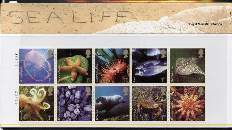 Great Britain 2007 Sea life perf set of 10 values in official presentation pack unmounted mint SG 2699a, stamps on marine life, stamps on fish, stamps on octopus, stamps on shells, stamps on crabs, stamps on seals, stamps on coral, stamps on 