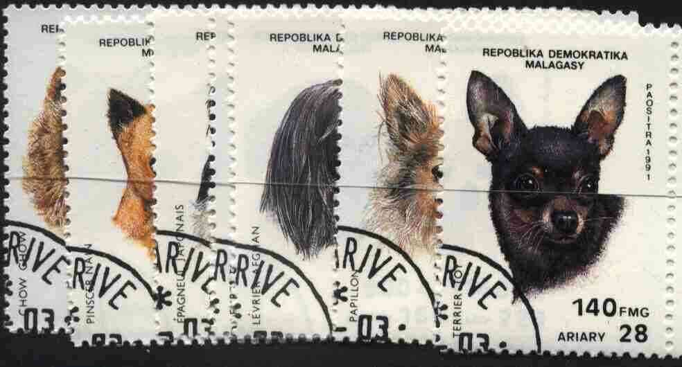 Malagasy Republic 1991 Dogs complete set of 7 very fine cto used, SG 854-60*, stamps on , stamps on  stamps on dogs        whippet      spaniel     chow      terrier     chihuahua    afghan     papillon