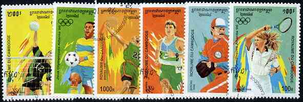 Cambodia 1996 Atlanta Olympic Games (3rd issue) perf set of 6 fine cto used, SG 1495-1500*, stamps on olympics, stamps on tennis, stamps on handball, stamps on football, stamps on basketball, stamps on running, stamps on baseball, stamps on sport