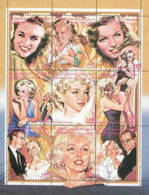 Sahara Republic 1996 Marilyn Monroe sheetlet containing set of 9 values very fine cto used, stamps on marilyn monroe       entertainments    films