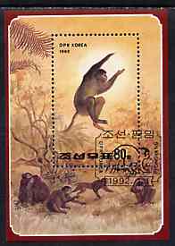 North Korea 1992 Monkeys 80ch m/sheet very fine cto used, SG MS N3111, stamps on apes, stamps on animals