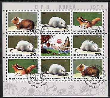 North Korea 1997 New Year (Rats) sheetlet containing 8 values plus label fine cto used, stamps on , stamps on  stamps on rats     rodents     animals     squirrels      fungi