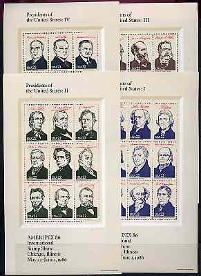 United States 1986 Ameripex Stamp Exhibition set of 4 sheetlets containing complete set of 36 Presidents unmounted mint SG MS 2223, stamps on constitutions      personalities  postal       stamp exhibitions    usa-presidents