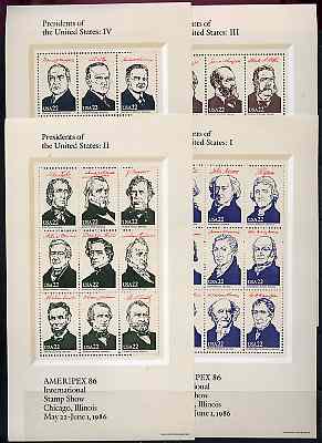 United States 1986 Ameripex Stamp Exhibition set of 4 sheetlets containing complete set of 36 Presidents unmounted mint SG MS 2223, stamps on , stamps on  stamps on constitutions      personalities  postal       stamp exhibitions    usa-presidents