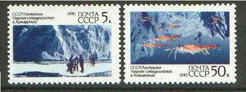 Russia 1990 Soviet-Australian Scientific Co-operation in Antarctica set of 2 unmounted mint, SG 6151-52, Mi 6095-96*, stamps on , stamps on  stamps on food, stamps on  stamps on marine-life, stamps on  stamps on polar, stamps on  stamps on science, stamps on  stamps on scuba-diving