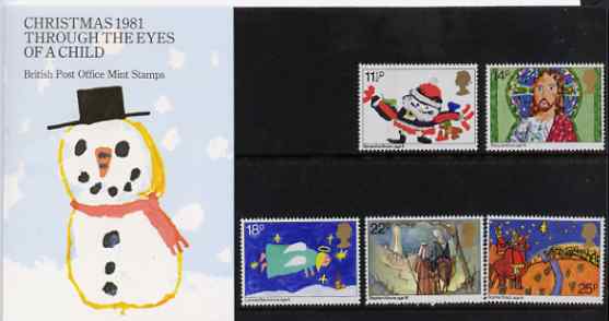 Great Britain 1981 Christmas - Childrens Paintings set of 5 in official presentation pack SG 1170-74 , stamps on christmas, stamps on arts, stamps on children, stamps on mosaics, stamps on angels, stamps on santa