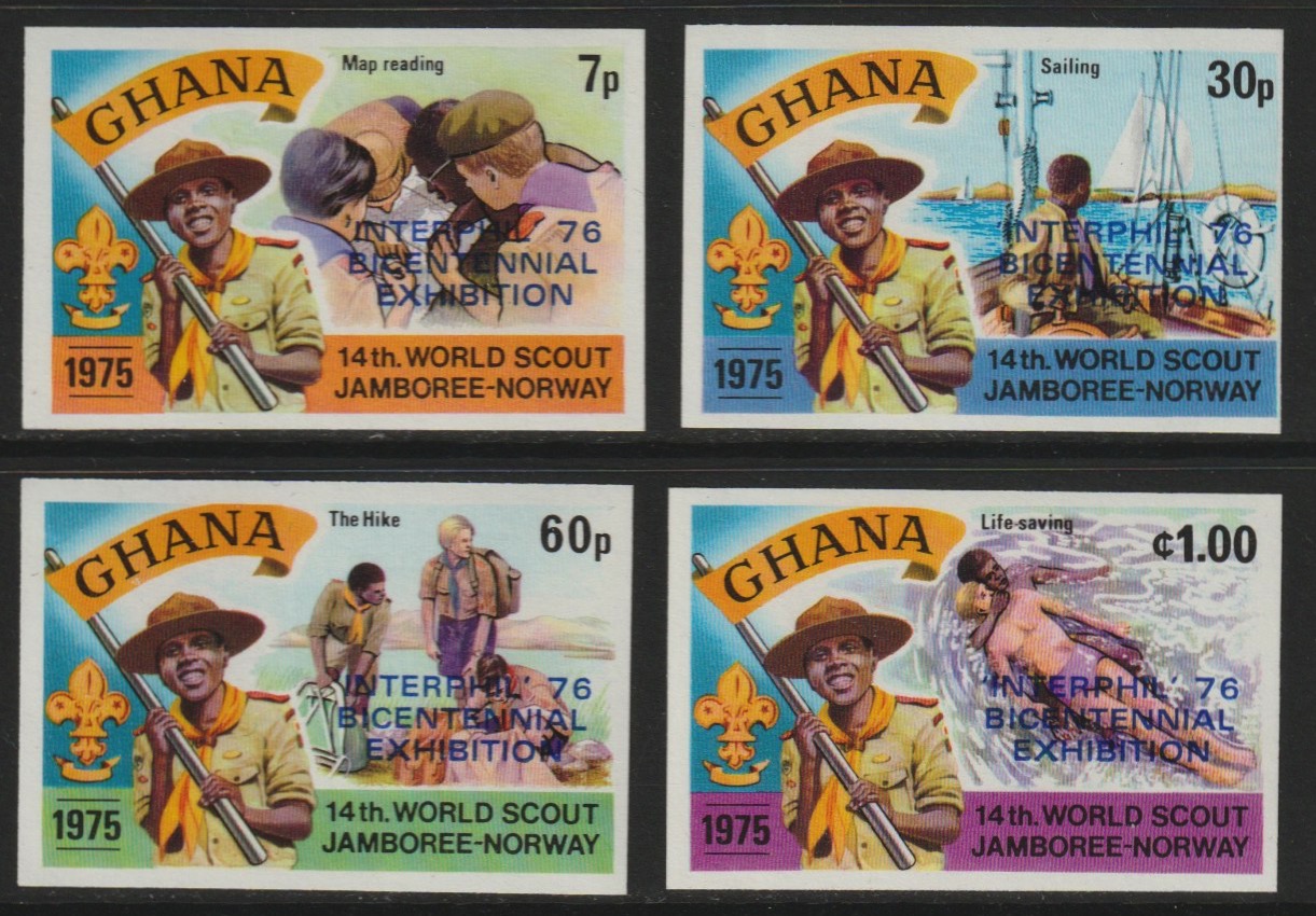 Ghana 1976 Interphil (Stamp Exhibition) opt on Scouts imperf set of 4 unmounted mint (as SG 768-71)*, stamps on , stamps on  stamps on scouts, stamps on  stamps on stamp exhibitions
