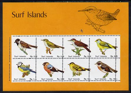 Surf Island British Birds perf sheetlet containing complete set of 8 (orange border) unmounted mint, stamps on , stamps on  stamps on birds