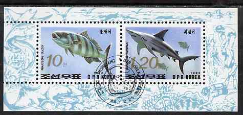 North Korea 1993 Fish sheetlet containing 10ch & 1w20 values very fine cto used, stamps on , stamps on  stamps on fish       marine-life        sharks