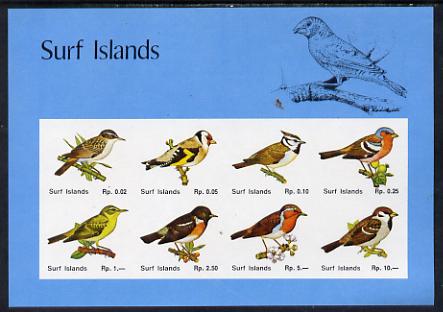 Surf Island British Birds imperf sheetlet containing complete set of 8 (blue border) unmounted mint, stamps on birds