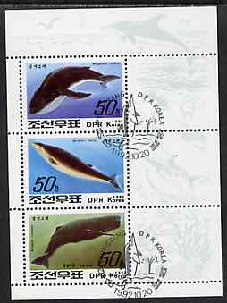 North Korea 1992 Whales & Dolphins sheetlet #2 containing 3 values fine cto used, SG N3211-13, stamps on whales      dolphins