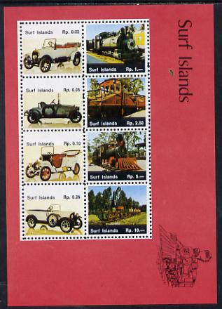 Surf Island Cars & Locomotives perf sheetlet containing complete set of 8 (red border) unmounted mint, stamps on cars  railways