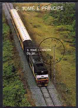 St Thomas & Prince Islands 1989 Locomotives 50Db m/sheet (Trans Gabon) very fine cto used Mi BL 209, stamps on , stamps on  stamps on railways