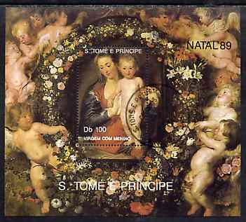 St Thomas & Prince Islands 1989 Christmas 100Db m/sheet (Painting by Rubens) very fine cto used Mi BL 222, stamps on christmas    arts    rubens, stamps on renaissance