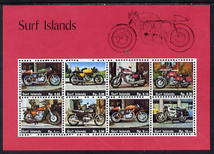 Surf Island Motor Bikes perf sheetlet containing complete set of 8 (red border) unmounted mint, stamps on motorbikes  transport