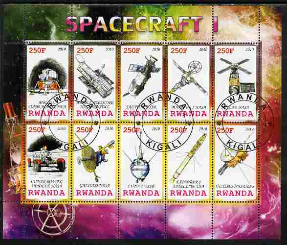 Rwanda 2010 Spacecraft #01 perf sheetlet containing 10 values fine cto used, stamps on space, stamps on rockets