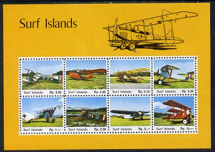 Surf Island Aircraft perf sheetlet containing complete set of 8 (yellow border) unmounted mint, stamps on aviation