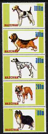 Naxcivan Republic 1997 Dogs unmounted mint perf strip of 5 values complete, stamps on dogs    dalmation     airdale    collie