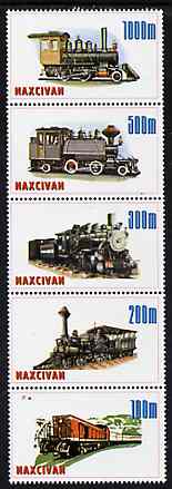 Naxcivan Republic 1997 Locomotives unmounted mint perf strip of 5 values complete, stamps on , stamps on  stamps on railways