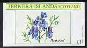 Bernera 1982 Plants #2 (Monkshead) imperf souvenir sheet (£1 value) unmounted mint, stamps on flowers  