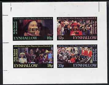 Eynhallow 1986 Queens 60th Birthday imperf sheetlet containing set of 4 values (10p, 12p, 18p & 35p) optd AMERIPEX 86 in black unmounted mint, stamps on royalty, stamps on 60th birthday, stamps on stamp exhibitions