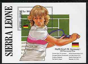 Sierra Leone 1988 Steffi Graf's Grand Slam Tennis Victories unmounted mint m/sheet opt'd 'Australian Open - Graf v Everet' in gold, SG MS 1193, stamps on , stamps on  stamps on sport, stamps on  stamps on tennis    