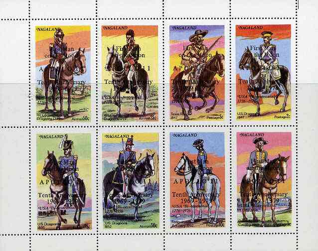 Nagaland 1976 USA Bicentenary (Military Uniforms - On Horseback) complete perf  set of 8 values opt'd First Man on the Moon in black unmounted mint, stamps on militaria     americana    horses    space, stamps on uniforms