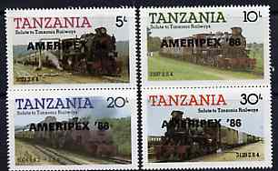 Tanzania 1986 Railways perf set of 4 overprinted AMERIPEX 86 in black unmounted mint, stamps on postal, stamps on railways, stamps on stamp exhibitions