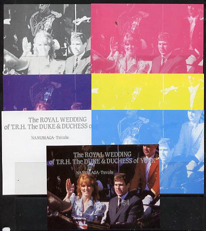 Tuvalu - Nanumaga 1986 Royal Wedding (Andrew & Fergie) $4 m/sheet set of 7 imperf progressive colour proofs comprising the 5 individual colours plus 2 composites unmounted mint. , stamps on royalty, stamps on andrew, stamps on fergie, stamps on 