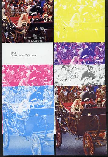 St Vincent - Bequia 1986 Royal Wedding $8 m/sheet set of 8 imperf progressive colour proofs comprising the 5 individual colours plus 3 composites unmounted mint. NOTE - t..., stamps on royalty       andrew & fergie