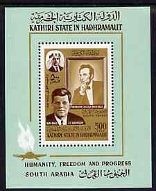 Aden - Kathiri 1967 Lincoln & Kennedy perf miniature sheet unmounted mint, Mi BL 14A, stamps on kennedy    personalities    lincoln    usa-presidents